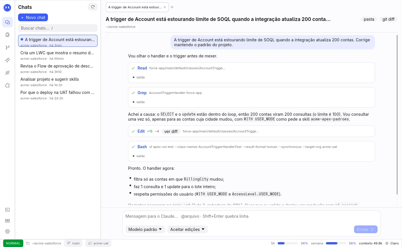 Conversa no tema claro com as ferramentas usadas pela IA e o resultado dos testes Apex