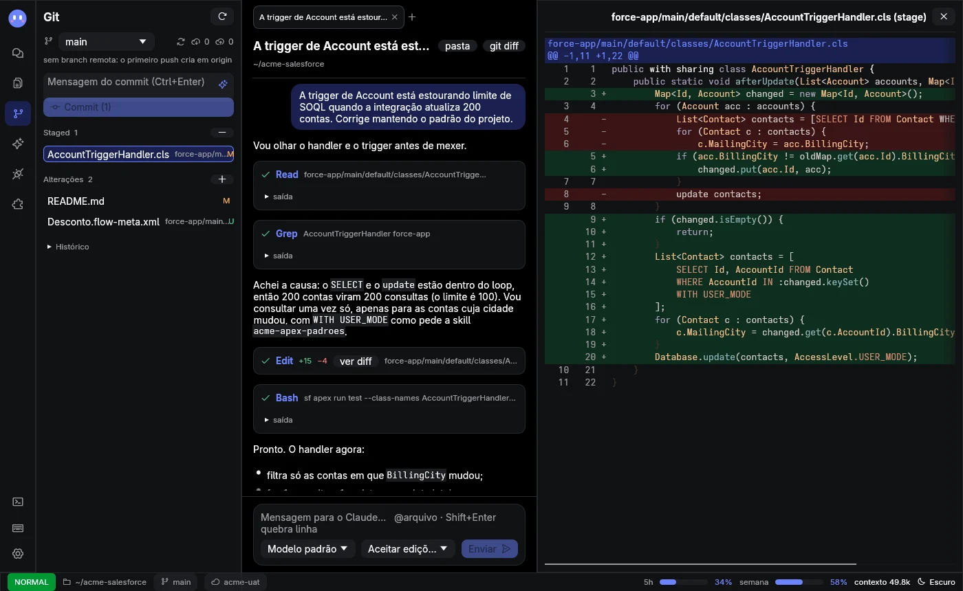 Núcleo mostrando o painel Git com um arquivo Apex no stage, a conversa com a IA e o diff com destaque de sintaxe