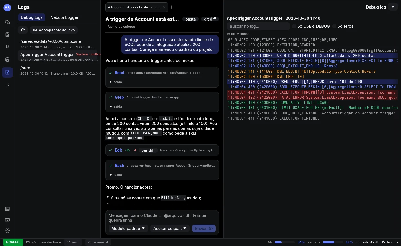Debug log com USER_DEBUG destacado, SOQL em azul, DML em laranja e a LimitException em vermelho