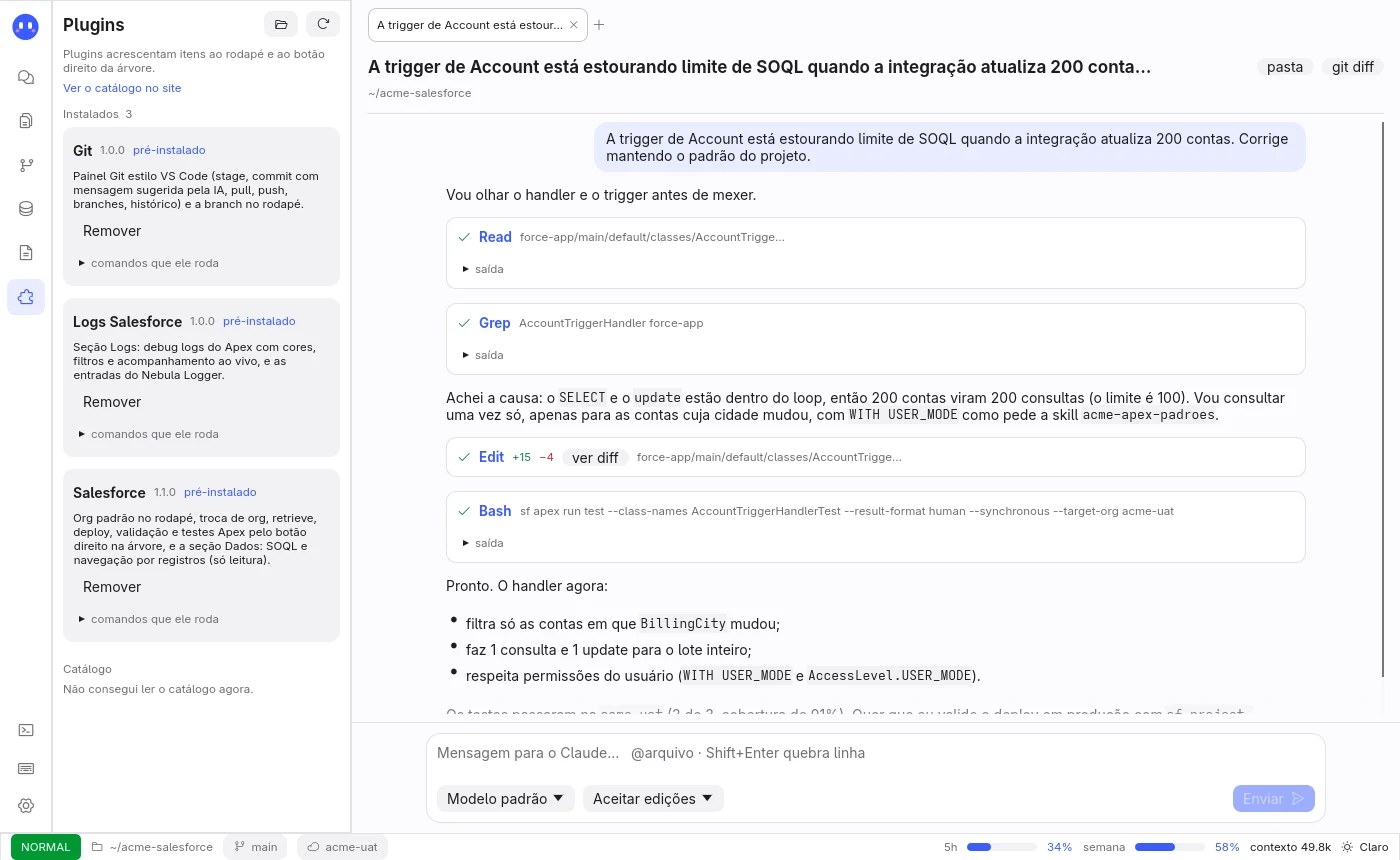 Seção Plugins com Git, Logs Salesforce e Salesforce instalados