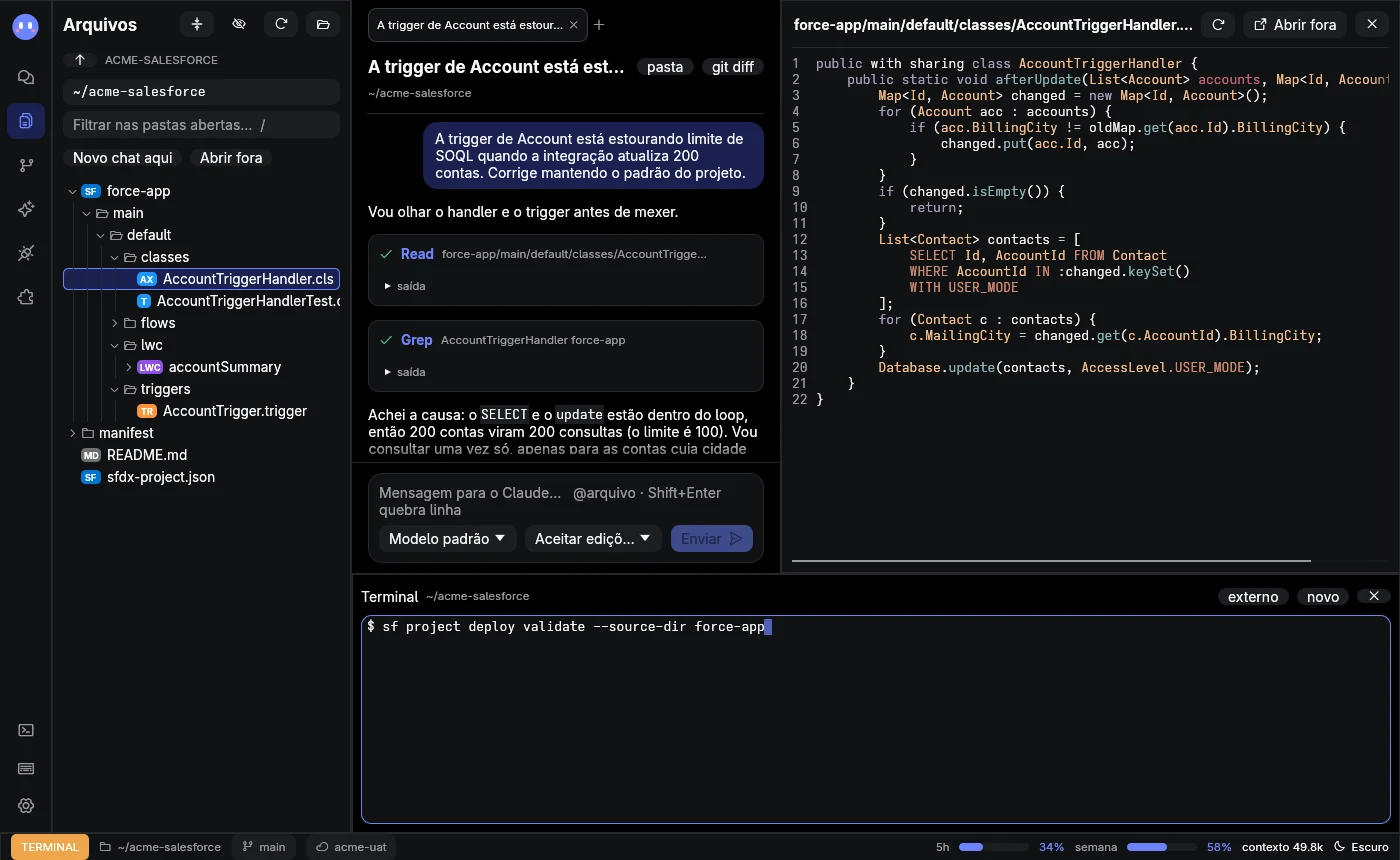 Árvore com selos de Apex, trigger, LWC e package.xml, código aberto e o terminal com o sf CLI
